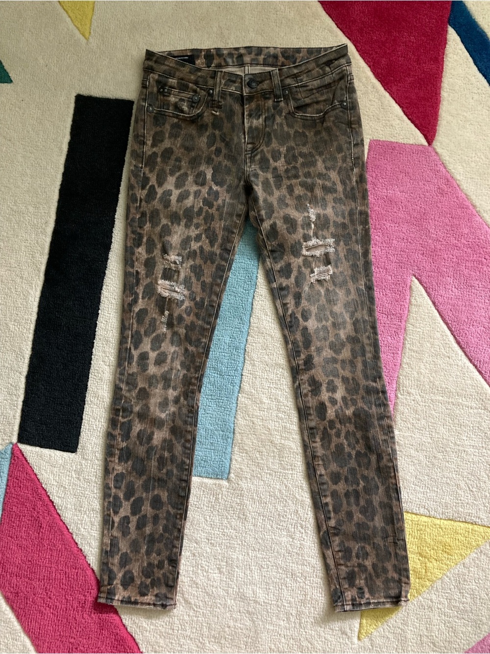 R13 Kate Leopard Animal Print Skinny Jeans Distressed Stretch Brown Black 25